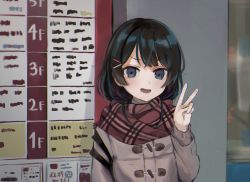 Rule 34 | 1girl, alternate hair length, alternate hairstyle, black hair, blue eyes, bob cut, brown coat, coat, cropped torso, duffel coat, enpera, furrowed brow, hair ornament, hairclip, hand up, looking at viewer, nijisanji, open mouth, plaid, plaid scarf, red neckwear, red scarf, scarf, short hair, sign, smile, solo, toggles, tsukino mito, upper body, usirome, v, virtual youtuber