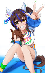 Rule 34 | 1girl, ^ ^, absurdres, animal ears, belt, blue hair, blue shorts, blush, brown eyes, brown hair, character doll, chokin tsucho, closed eyes, commentary request, cutoffs, daitaku helios (umamusume), feet out of frame, green nails, grin, hair between eyes, highres, horse ears, horse girl, horse tail, knees up, long sleeves, looking at viewer, mejiro palmer (umamusume), multicolored hair, multicolored nails, nail polish, orange belt, outstretched arm, puffy long sleeves, puffy sleeves, purple nails, shirt, short shorts, shorts, side ponytail, sitting, sleeves past wrists, smile, solo, streaked hair, tail, tile floor, tiles, umamusume, w, white background, white hair, white shirt, yellow nails