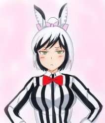 Rule 34 | 1girl, :c, animal ears, animal print, black hair, blush, bow, bowtie, breasts, closed mouth, commentary request, green eyes, hair bow, highres, large breasts, looking at viewer, marker (medium), mashima chloe, millipen (medium), multicolored hair, murenase! shiiton gakuen, parody, potekite, red bow, red bowtie, shirt, short hair, solo, striped clothes, striped shirt, traditional media, two-tone hair, upper body, vertical-striped clothes, vertical-striped shirt, white hair, zebra ears, zebra print