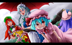 Rule 34 | 5girls, aono3, bat wings, blonde hair, blue eyes, blue hair, braid, china dress, chinese clothes, dress, female focus, flandre scarlet, grin, hat, hong meiling, izayoi sakuya, letterboxed, long hair, multiple girls, patchouli knowledge, ponytail, purple hair, red eyes, red hair, remilia scarlet, short hair, side ponytail, silver hair, smile, sunlight, embodiment of scarlet devil, touhou, twin braids, umbrella, wings