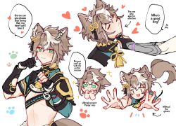 Rule 34 | 1boy, :3, animal ears, armor, arms at sides, arms up, arrow (symbol), blue eyes, blush, closed eyes, commentary, dog ears, dog tail, english commentary, english text, eyelashes, eyeshadow, feet out of frame, fingernails, fluffy, genshin impact, gorou (genshin impact), grabbing another&#039;s chin, hand on another&#039;s chin, happy, heart, highres, japanese armor, lower teeth only, makeup, male focus, multicolored hair, multiple views, open mouth, orange hair, paw pose, paw print, paw print palms, red eyeshadow, short sleeves, shoulder armor, simple background, sparkle, streaked hair, tail, tassel, teeth, tofu sky06, upper body, white background, white hair