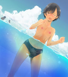 Rule 34 | 1girl, androgynous, artist request, bad id, bad pixiv id, bestiality, black male swimwear, black swim briefs, character request, copyright request, feet out of frame, flat chest, interspecies, male swimwear, male swimwear challenge, nipples, partially submerged, reverse trap, sea cucumber, swim briefs, swimsuit, tomboy, water