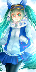 Rule 34 | 1girl, artist request, goggles, gradient background, green eyes, green hair, hatsune miku, highres, long hair, looking at viewer, matching hair/eyes, pantyhose, ski goggles, solo, twintails, vocaloid, yuki miku