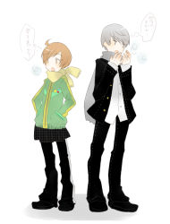 Rule 34 | 1boy, 1girl, atlus, black skirt, brown eyes, brown hair, buttons, coat, full body, jacket, long sleeves, looking at viewer, miniskirt, narukami yuu, open clothes, open coat, pants, persona, persona 4, satonaka chie, short hair, silver hair, skirt, standing, track jacket, translation request, unbuttoned, winter clothes, winter coat