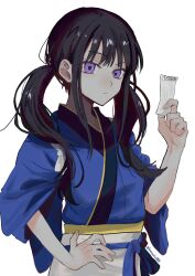 Rule 34 | 1girl, apron, black hair, blue kimono, furisode, hand on own hip, highres, holding, inoue takina, japanese clothes, kimono, long hair, looking at viewer, lycoris recoil, purple eyes, solo, twintails, waitress
