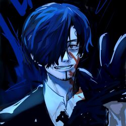 Rule 34 | 1boy, absurdres, alternate hair color, black hair, blood, blood on face, curly eyebrows, facial hair, formal, gloves, highres, jacket, male focus, one piece, rita ya, sanji (one piece), shirt, short hair, smile, solo, suit