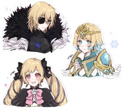 Rule 34 | 1boy, 2girls, armor, black armor, black dress, black eyes, black ribbon, blonde hair, blue dress, blue eyes, blue hair, blush, bow, bowtie, cape, closed mouth, commentary request, dimitri alexandre blaiddyd, dress, drill hair, earrings, elise (fire emblem), eyepatch, feather trim, fingernails, fire emblem, fire emblem: three houses, fire emblem fates, fire emblem heroes, fjorm (fire emblem), flower, fur-trimmed cape, fur trim, gradient hair, hair between eyes, hair ornament, hair ribbon, hand on own chest, highres, jewelry, long hair, looking at viewer, looking away, misato hao, multicolored hair, multiple girls, nintendo, open mouth, pink bow, pink eyes, pink neckwear, ribbon, short hair, signature, simple background, smile, snowflakes, tiara, twin drills, twintails, two-tone hair, white background, white flower
