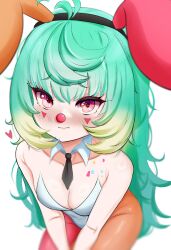 Rule 34 | 1girl, animal ears, asymmetrical legwear, bare shoulders, black necktie, blonde hair, blush, boosauce03, breasts, cleavage, clown nose, collar, confetti, coni confetti, detached collar, facial mark, fake animal ears, gradient hair, green hair, heart, highleg, highleg leotard, highres, idol corp, leaning forward, leotard, long hair, looking at viewer, multicolored hair, necktie, nose blush, orange pantyhose, pantyhose, pink eyes, playboy bunny, purple eyes, rabbit ears, red pantyhose, simple background, small breasts, solo, strapless, strapless leotard, triangle facial mark, v arms, very long hair, virtual youtuber, white background, white collar, white leotard, wing collar