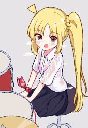 Rule 34 | 1girl, ahoge, black skirt, blonde hair, blush, bocchi the rock!, bow, bra, bra visible through clothes, breath, brown eyes, chibikki, collared shirt, commentary, cowboy shot, drum, drum set, grey background, hands on own knees, heavy breathing, highres, ijichi nijika, instrument, long hair, looking at viewer, open mouth, pink bra, pixel art, pleated skirt, polka dot, polka dot bow, red bow, school uniform, see-through, see-through shirt, shimokitazawa high school uniform, shirt, short sleeves, side ponytail, sidelocks, simple background, sitting, skirt, smile, solo, stool, sweat, sweaty clothes, symbol-only commentary, underwear, v arms, very sweaty, wet, wet clothes, wet shirt, white shirt, wrist bow