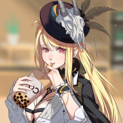 Rule 34 | + +, 1girl, animal skull, black headwear, blonde hair, breasts, brown eyes, bubble tea, chinese commentary, cleavage, drinking straw, face, hair behind ear, highres, jewelry, large breasts, long hair, looking at viewer, nijisanji, nox (vtuber), nox de xiao hei wu, nox official, ring, shirt, sitting, solo, virtual youtuber, virtuareal, white shirt, wrist cuffs