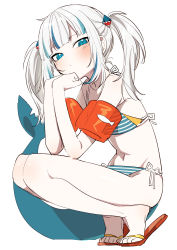 Rule 34 | 1girl, absurdres, aneco (westsea1227), aqua hair, barefoot sandals (jewelry), bikini, blue eyes, blue hair, blunt bangs, blush, fins, fish tail, full body, gawr gura, halterneck, highres, hololive, hololive english, legs, looking at viewer, multicolored hair, sandals, shark tail, short hair, side-tie bikini bottom, simple background, solo, squatting, string bikini, striped bikini, striped clothes, swimsuit, tail, thighs, toes, twintails, virtual youtuber, white background, white hair