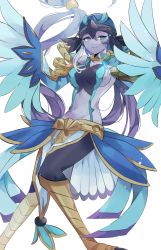 Rule 34 | 1girl, armor, bare shoulders, beads, blue feathers, breasts, colored skin, duel monster, feathers, feet out of frame, grey eyes, grey skin, hair beads, hair ornament, harpy, hat, highres, large breasts, long hair, lyrilusc - ensemblue robin, midriff, monster girl, purple hair, shoulder armor, sideboob, simple background, skirt, smile, solo, tasutekete, very long hair, white background, winged arms, wings, yu-gi-oh!