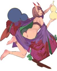 Rule 34 | 1girl, absurdres, alternate eye color, alternate hair color, ass, back, bad id, bad pixiv id, bare shoulders, barefoot, bob cut, breasts, eowl9820, eyeliner, fate/grand order, fate (series), feet, gourd, headpiece, highres, horns, japanese clothes, kimono, legs, long sleeves, looking at viewer, looking back, makeup, off shoulder, oni, open mouth, purple eyes, purple hair, purple kimono, revealing clothes, short hair, shuten douji (fate), simple background, skin-covered horns, small breasts, smile, solo, white background, wide sleeves