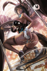 Rule 34 | 1girl, absurdly long hair, ahoge, alcohol, animal ears, aqua ribbon, arm tattoo, artist name, ass, bare shoulders, black footwear, black hair, black leotard, blue archive, blurry, blurry background, breasts, champagne flute, chandelier, cup, curvy, dark-skinned female, dark skin, detached collar, drinking glass, fake animal ears, female focus, fishnet pantyhose, fishnets, from below, gloves, heart, high heels, high ponytail, highleg, highleg leotard, holding, holding tray, huge ass, karin (blue archive), karin (bunny) (blue archive), large breasts, leotard, long hair, number tattoo, official alternate costume, pantyhose, patreon username, playboy bunny, pole, rabbit ears, rabbit tail, ribbon, sakimichan, shoulder tattoo, sideboob, signature, solo, speech bubble, squatting, strapless, strapless leotard, tail, tattoo, thong leotard, tray, very long hair, watermark, web address, white gloves, wide hips, yellow eyes