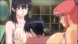 Rule 34 | 1boy, 2girls, animated, animated gif, black hair, blue hair, blush, bra, grabbing another&#039;s breast, breasts squeezed together, breast sucking, breasts, grabbing, green eyes, huge breasts, kaya blanche, large breasts, long hair, morino yuuko, multiple girls, nipples, red hair, short hair, tachibana ichirou, tan, tentacle and witches, underwear