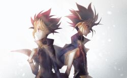 Rule 34 | 2boys, atem, back-to-back, bare arms, black hair, black shirt, blonde hair, blue jacket, chain, closed mouth, dyed bangs, expressionless, from side, highres, jacket, male focus, millennium puzzle, multicolored hair, multiple boys, muto yugi, open clothes, open jacket, ototoi kuru, profile, shirt, simple background, smile, tears, two-tone hair, upper body, white background, yu-gi-oh!