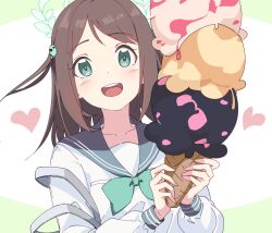 Rule 34 | 1girl, airi (blue archive), blue archive, blue sailor collar, blush, brown hair, food, food-themed hair ornament, green eyes, hair ornament, halo, heart, highres, holding, holding food, ice cream, ice cream cone, ice cream hair ornament, long hair, long sleeves, looking at viewer, momomatang, open mouth, sailor collar, school uniform, serafuku, simple background, solo, teeth, upper body, upper teeth only