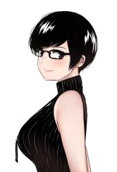 Rule 34 | 1girl, absurdres, bare shoulders, black-framed eyewear, black hair, breasts, dress, earrings, from side, glasses, highres, id card, jewelry, large breasts, looking at viewer, norman maggot, olive laurentia, original, pixie cut, ribbed dress, short hair, simple background, sleeveless, sleeveless dress, smile, solo, swept bangs, turtleneck, upper body, white background