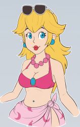 Rule 34 | 1girl, artist request, bikini, blonde hair, blue eyes, breasts, cleavage, highres, jewelry, large breasts, legs, long hair, looking at viewer, mario (series), navel, navel piercing, necklace, nintendo, piercing, pink bikini, princess, princess peach, sarong, solo, source request, sunglasses on head, super mario odyssey, swimsuit, thighs