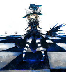Rule 34 | 1girl, bad id, bad pixiv id, blonde hair, blue eyes, braid, broom, broom riding, checkered floor, female focus, floor, full body, hat, kirisame marisa, makai no juumin, skirt, solo, striped clothes, striped thighhighs, thighhighs, touhou, tree, vanishing point, witch, witch hat