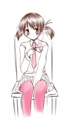 Rule 34 | 1girl, absurdres, between legs, blush, brown eyes, brown hair, chair, cup, hair bobbles, hair ornament, hand between legs, highres, kaai yuki, necktie, pantyhose, pink pantyhose, shirt, short twintails, sitting, skirt, smile, solo, teacup, tusia, twintails, vocaloid