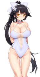 Rule 34 | 1girl, absurdres, arm behind back, asamura hiori, azur lane, black hair, blush, bow, breasts, brown eyes, closed mouth, collarbone, cowboy shot, criss-cross halter, flower, frown, gluteal fold, hair bow, hair flaps, hair flower, hair ornament, halterneck, highres, large breasts, long hair, looking at viewer, navel, one-piece swimsuit, ponytail, see-through, sidelocks, simple background, solo, standing, swimsuit, takao (azur lane), takao (beach rhapsody) (azur lane), thigh gap, thighs, tsurime, very long hair, white background, white bow, white flower, white one-piece swimsuit
