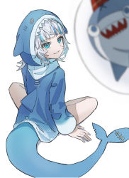 Rule 34 | 1girl, animal costume, animal hood, bloop (gawr gura), blue eyes, blue hair, blue hoodie, blunt bangs, commentary, crossed legs, english commentary, fins, fish tail, gawr gura, gawr gura (1st costume), grin, highres, hololive, hololive english, hood, hoodie, in bubble, long sleeves, looking at viewer, looking back, medium hair, multicolored hair, nekoreito, shark, shark costume, shark girl, shark hood, shark tail, silver hair, simple background, sitting, smile, stitches, streaked hair, tail, two side up, virtual youtuber, white background, wide sleeves