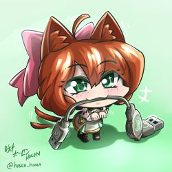 Rule 34 | 1girl, android, animal ears, bare shoulders, black thighhighs, blush, bow, cat ears, chibi, curly hair, freckles, green eyes, green skirt, hair bow, highres, orange hair, penny polendina, pink bow, rwby, skirt, solo, thighhighs, vilde loh hocen