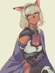 Rule 34 | 1girl, absurdres, adventurer (ff11), animal ears, black gloves, blonde hair, blue eyes, blue hairband, breasts, cat ears, cat girl, cleavage, dark-skinned female, dark skin, elbow gloves, facial mark, final fantasy, final fantasy xi, fingerless gloves, fingernails, gloves, hairband, highres, looking afar, looking to the side, medium breasts, medium hair, mithra (ff11), parted lips, red hairband, simple background, solo, two-tone hairband, whisker markings, white background, yuccoshi