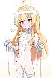 ahoge bandaged_arm bandaged_head bandaged_leg bandages blue_archive blush breasts brown_eyes cameltoe donutman halo highres long_hair simple_background small_breasts solo spoken_blush white_background yellow_halo yoshimi_(blue_archive) yoshimi_(halloween)_(blue_archive)