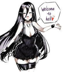 Rule 34 | 10s, 1girl, :d, ^ ^, abyssal ship, bare shoulders, battleship princess, black dress, black hair, blush, bracer, breasts, choker, cleavage, closed eyes, collarbone, colored skin, cowboy shot, dress, english text, hair between eyes, heart, horns, kantai collection, large breasts, long hair, open mouth, short dress, simple background, skin-covered horns, smile, solo, sumisu (mondo), thigh strap, white background, white skin