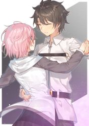 Rule 34 | 1boy, 1girl, ahoge, black skirt, brown hair, closed eyes, dancing, fate/grand order, fate (series), fujimaru ritsuka (male), grey sleeves, hair between eyes, hakuishi aoi, hand on another&#039;s hip, holding hands, jacket, long sleeves, mash kyrielight, open clothes, open jacket, parted lips, pink hair, short hair, skirt, white jacket