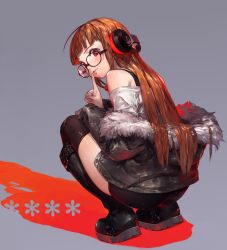 Rule 34 | 10s, 1girl, ahoge, back, bare shoulders, black-framed eyewear, black footwear, black shorts, black thighhighs, blunt bangs, blush, boots, brown hair, closed mouth, finger to mouth, from behind, full body, fur-trimmed jacket, fur trim, glasses, grey background, grey jacket, hair flowing over, hand on own thigh, headphones, highres, index finger raised, jacket, jikan hakushaku, knee boots, light smile, long hair, long sleeves, looking at viewer, looking back, o-ring, off-shoulder shirt, off shoulder, orange hair, persona, persona 5, revision, sakura futaba, shadow, shiny clothes, shiny skin, shirt, shorts, shushing, simple background, sleeves past wrists, solo, squatting, straight hair, thighhighs, white shirt