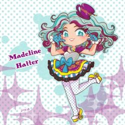 Rule 34 | 1girl, artist request, blue eyes, blush, earrings, ever after high, female focus, gloves, halftone, halftone background, hat, jewelry, looking at viewer, madeline hatter, md5 mismatch, necklace, solo, tea