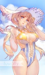 Rule 34 | 1girl, arms up, artist name, blade &amp; soul, blonde hair, blue sky, breasts, breasts apart, cloud, commentary, day, eyelashes, fuwaffy, hat, highres, jin (blade &amp; soul), lips, long hair, looking at viewer, medium breasts, one-piece swimsuit, original, sky, solo, standing, straw hat, sun hat, sunlight, swimsuit, white hat, wing collar