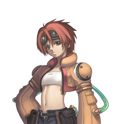 Rule 34 | 00s, 1girl, ar tonelico, ar tonelico i, bandeau, belt, flat chest, goggles, green eyes, gust, jacket, krusche elendia, midriff, nagi ryou, official art, open fly, red hair, short hair, solo, strapless, tube top, unzipped, zipper