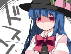 Rule 34 | 1girl, arms at sides, black hat, blue hair, bow, bowtie, breasts, collared shirt, commentary request, false smile, flat chest, food, fruit, hair between eyes, hair over shoulder, hammer (sunset beach), hat, hinanawi tenshi, long hair, looking at viewer, looking down, neck ribbon, outside border, peach, puffy sleeves, red bow, red bowtie, red eyes, red ribbon, ribbon, shaded face, shirt, simple background, smile, solo, touhou, translation request, upper body, wavy mouth, white background, white shirt