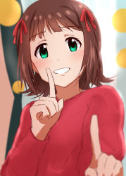 Rule 34 | 1girl, amami haruka, blurry, blush, brown hair, commentary request, dars (recolors), depth of field, green eyes, hair ribbon, idolmaster, idolmaster (classic), index finger raised, koi dance, looking at viewer, ribbon, short hair, sketch, smile, solo
