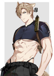 Rule 34 | 1boy, abs, anger vein, animal ears, belt, black belt, black shirt, blonde hair, blue eyes, border, cat boy, cat ears, cat tail, chibi, chibi inset, closed mouth, cowboy shot, cropped shirt, curtained hair, grey background, hands in pockets, highres, holster, jujeop, leon s. kennedy, male focus, muscular, muscular male, navel, resident evil, resident evil 4, resident evil 4 (remake), shirt, short hair, shoulder holster, simple background, solo, t-shirt, tail, thong, underwear, white border