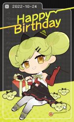 Rule 34 | 1girl, 2022, :d, ai-chan (honkai impact), asymmetrical gloves, bare shoulders, black bow, black dress, bow, bowtie, cabbage, chibi, double bun, dress, elbow gloves, food, full body, gift, gloves, green hair, grin, hair bow, hair bun, happy birthday, highres, holding, holding food, holding pocky, honkai (series), honkai impact 3rd, looking at viewer, mismatched gloves, official art, open mouth, pantyhose, pocky, red gloves, sleeveless, sleeveless dress, smile, solo, teeth, white bow, white bowtie, white pantyhose, yellow eyes