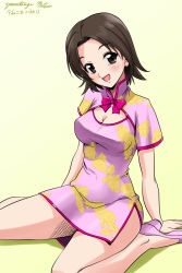 Rule 34 | 1girl, alternate costume, artist name, bow, breasts, brown eyes, brown hair, china dress, chinese clothes, cleavage, cleavage cutout, clothing cutout, commentary, dated, dress, girls und panzer, head tilt, high collar, high heels, leaf print, looking at viewer, matsui yasutsugu, medium breasts, open mouth, parted bangs, pink bow, pink dress, pink footwear, print dress, sawa azusa, shadow, short dress, short hair, short sleeves, side slit, signature, sitting, smile, solo, wariza, yellow background