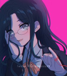 Rule 34 | 1girl, black jacket, blue hair, collared shirt, commentary request, criis-chan, danganronpa (series), danganronpa v3: killing harmony, face, glasses, green eyes, hand on own cheek, hand on own face, hands up, jacket, long hair, looking at viewer, neck ribbon, open mouth, orange ribbon, pink background, ribbon, shirogane tsumugi, shirt, simple background, smile, solo, string, teeth, twitter username, upper teeth only, white shirt
