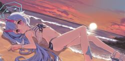 Rule 34 | 1girl, absurdres, bada (jksh5056), beach, bikini, blue archive, blue hair, blue halo, breasts, chise (blue archive), chise (swimsuit) (blue archive), closed mouth, cloud, cloudy sky, evening, halo, highres, horns, knees up, long hair, looking at viewer, lying, navel, ocean, on back, on ground, outdoors, red eyes, sand, sandals, sky, small breasts, solo, sun, swimsuit, waves