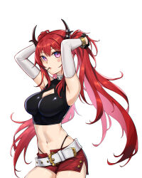 Rule 34 | 1girl, alternate hairstyle, arknights, armpits, arms up, bare shoulders, belt, black shirt, breasts, cleavage, cleavage cutout, clothing cutout, commentary, cowboy shot, crop top, detached sleeves, facial mark, highres, horns, large breasts, long hair, long sleeves, looking at viewer, lunn, midriff, mouth hold, navel, open fly, purple eyes, red hair, red shorts, shirt, short shorts, shorts, simple background, sleeveless, sleeveless shirt, solo, standing, star (symbol), stomach, surtr (arknights), twintails, very long hair, white background, white belt