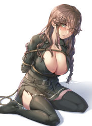 Rule 34 | 1girl, belt, black belt, black thighhighs, blush, braid, breasts, brown hair, cleavage, collarbone, collared shirt, green eyes, grey shirt, grey skirt, highres, kantai collection, kokuzou, large breasts, long hair, long sleeves, noshiro (kancolle), noshiro kai ni (kancolle), one eye closed, open mouth, pleated skirt, restrained, rope, shirt, simple background, single braid, skirt, solo, thighhighs, white background