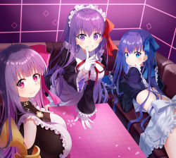 Rule 34 | 10s, 3girls, apron, bb (fate), bb (fate/extra), black dress, blue eyes, blue hair, blue ribbon, blunt bangs, blush, breasts, buckle, cleavage, closed mouth, collar, couch, crop top, dress, fate/extra, fate/extra ccc, fate (series), frilled apron, frilled sleeves, frills, hair ribbon, hands in opposite sleeves, huge breasts, index finger raised, indoors, juliet sleeves, leaning forward, long hair, long sleeves, looking at viewer, looking back, looking to the side, maid headdress, medium breasts, meltryllis (fate), multiple girls, neck ribbon, nonono (nononotea), on couch, passionlip (fate), petals, pink eyes, pink ribbon, puffy sleeves, purple eyes, purple hair, red ribbon, ribbon, smile, smug, table, tareme, upper body, v-shaped eyebrows, very long hair, white apron