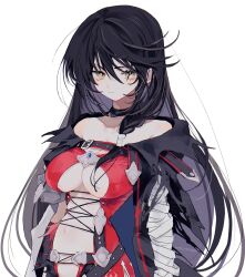 1girl absurdres bandaged_arm bandages black_hair braid breasts cleavage closed_mouth hair_between_eyes highres large_breasts long_hair looking_at_viewer multicolored_hair nancykittyu purple_hair side_braid simple_background solo tales_of_(series) tales_of_berseria torn_clothes velvet_crowe very_long_hair watermark white_background yellow_eyes