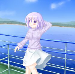 Rule 34 | 1girl, alternate costume, arm behind head, bad id, bad pixiv id, blue sky, blush stickers, breasts, cloud, day, forest, handrail, high collar, hishi (radioiso), large breasts, letty whiterock, light purple hair, looking at viewer, mountain, nature, open mouth, outdoors, purple eyes, ribbed sweater, shore, short hair, skirt, sky, solo, sweater, touhou, water, wind, wind lift