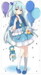 Rule 34 | 1girl, :o, absurdres, balloon, blue dress, blue eyes, blue footwear, blue hair, blue jacket, blush, commentary, cropped jacket, dotted line, dress, frilled dress, frilled jacket, frilled sleeves, frills, full body, hair between eyes, hair bobbles, hair ornament, highres, jacket, loafers, one side up, open clothes, open jacket, original, parted lips, ripples, shirt, shoes, short sleeves, socks, solo, standing, symbol-only commentary, teruterubouzu, tsukiyo (skymint), water drop, white background, white shirt, white socks