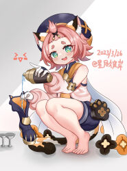 Rule 34 | 1girl, animal ear fluff, animal ears, bangs pinned back, barefoot, beret, black shorts, bow, calico, cat ears, cat girl, cat tail, child, commentary request, detached sleeves, diona (genshin impact), forehead, genshin impact, green eyes, hair bow, hair ribbon, hat, highres, holding, holding shoes, hoshitsuki higan, long sleeves, looking at viewer, pink hair, pouring, puffy shorts, ribbon, shoes, unworn shoes, short hair, shorts, sidelocks, simple background, solo, squatting, tail, thick eyebrows, toes, two-tone gloves